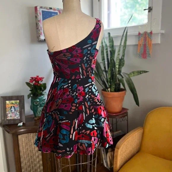 City Studio vintage y2k one shoulder butterfly mini dress in burnout velvet - - Picture 2 of 7